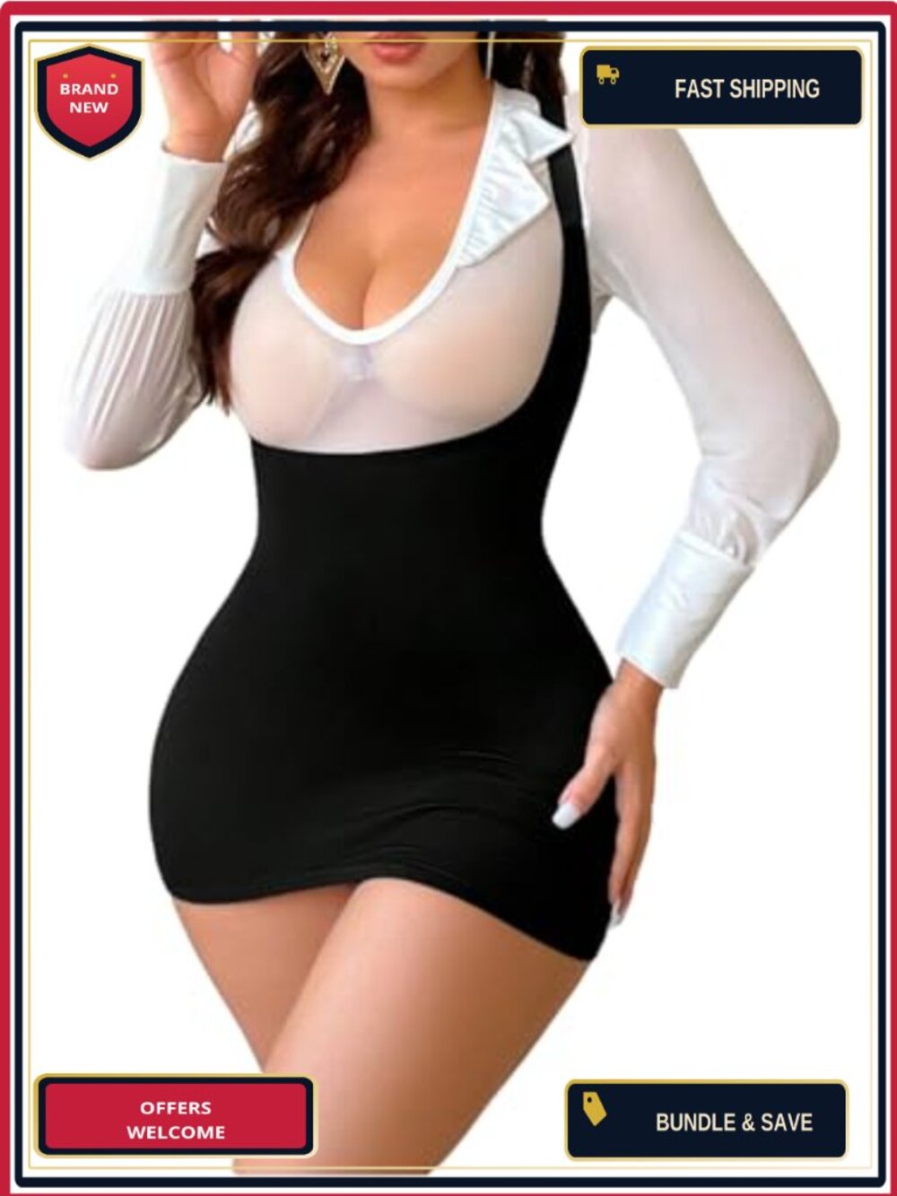 Women's Sheer Mesh Cosplay Lingerie Set Deep V Neck Suspender Dress